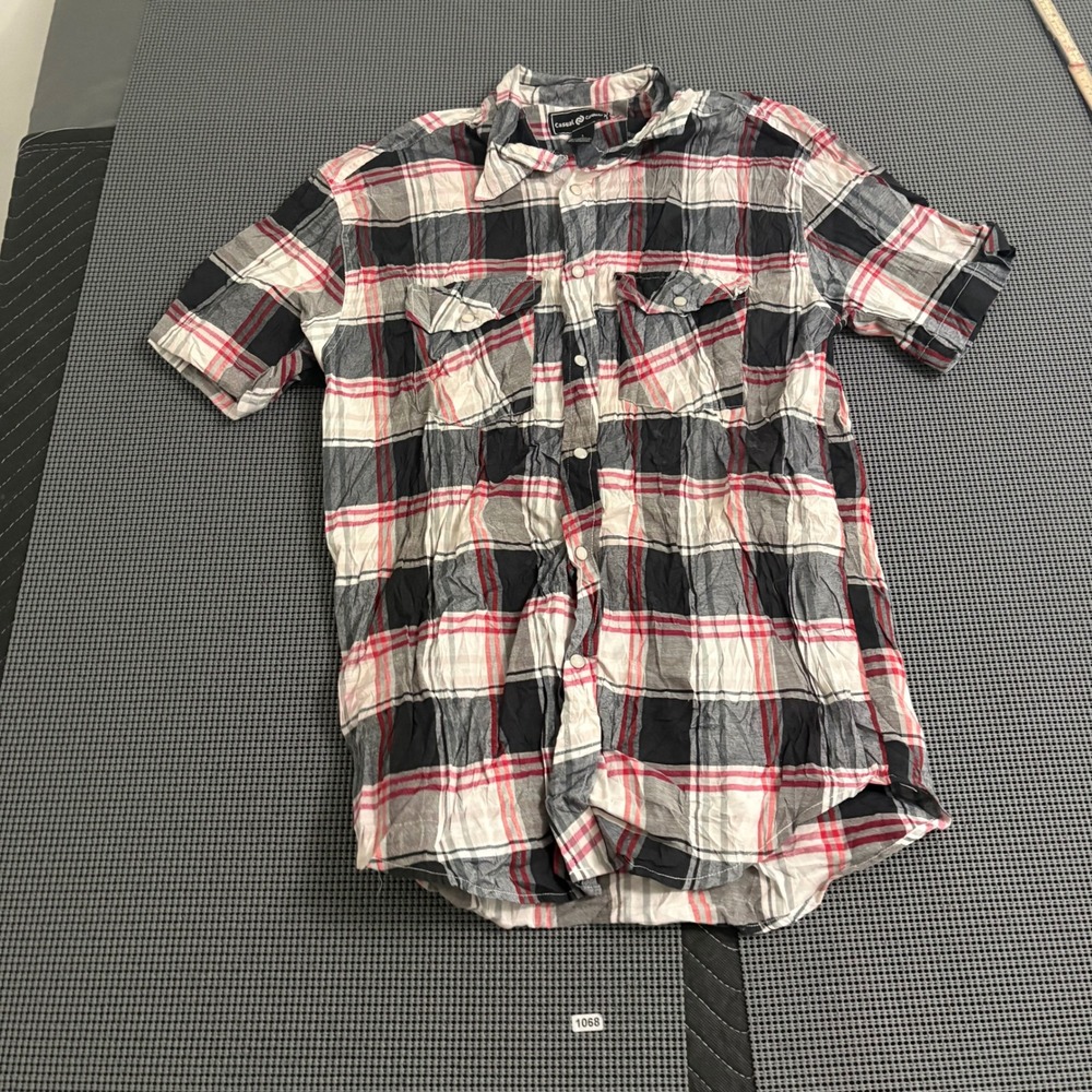 Casual Country Mens L Red Black White Plaid Short Sleeve Western Snap Shirt